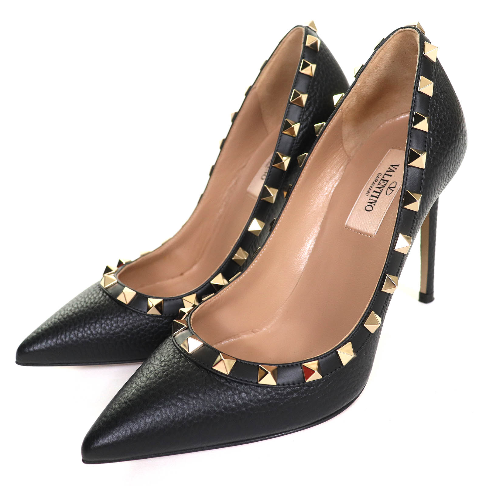 美品△Valentino Garavani ヴァレンティノガラヴァーニ ロックスタッズ ポインテッドトゥ レザー パンプス ブラック 35.5 イタリア製 レディース【中古】