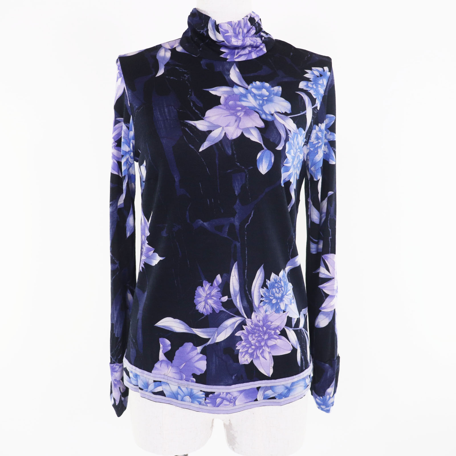 美品◇LEONARD FASHION レオナール ファッション 0349602 ウール シルク ハイネック 花柄 トップス ブラック系 38 日本製 正規品 レディース【中古】