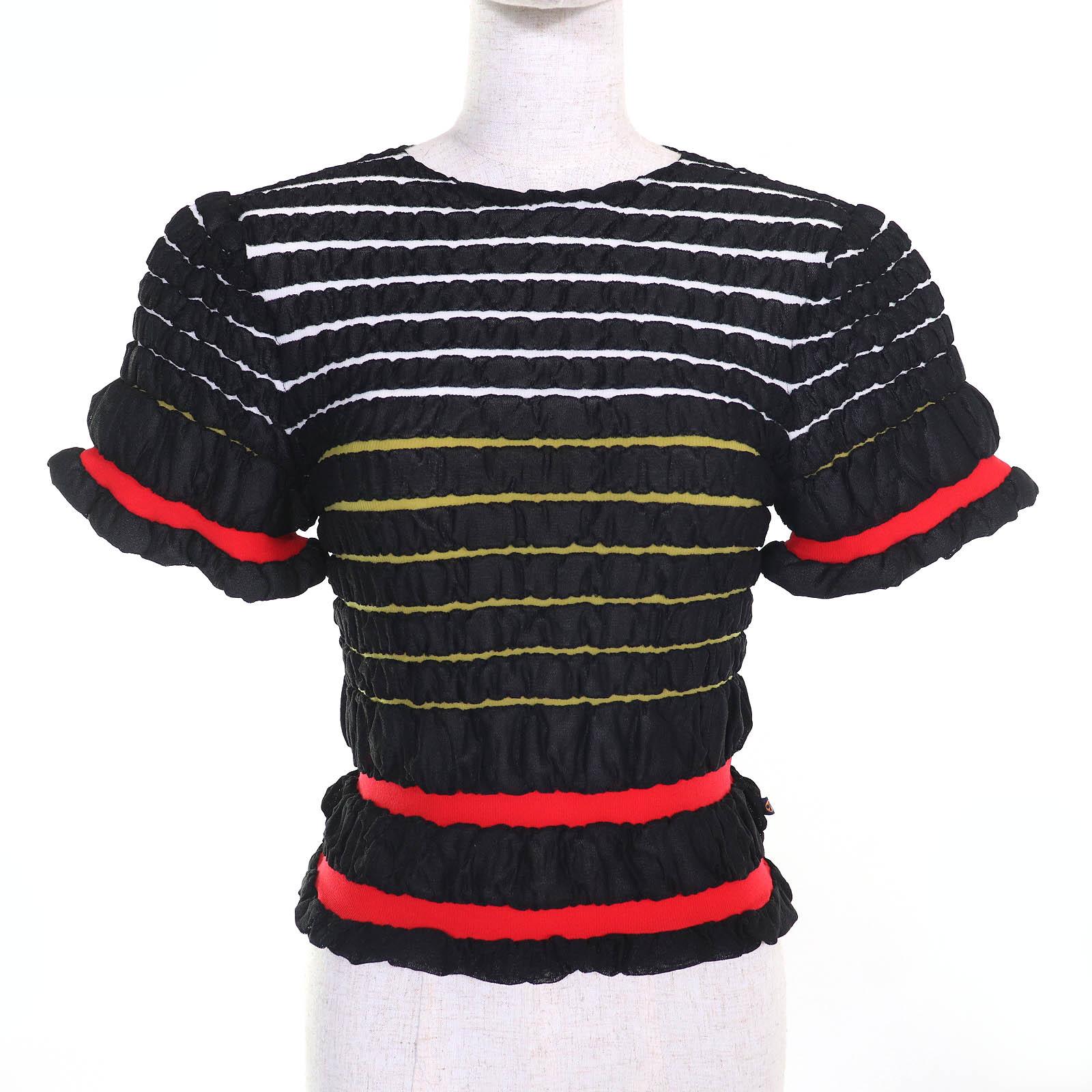 極美品△LOUIS VUITTON ルイヴィトン 23SS クルーネック 半袖 クロップド ニット トップス ブラック レッド S イタリア製 正規品 レディース【中古】