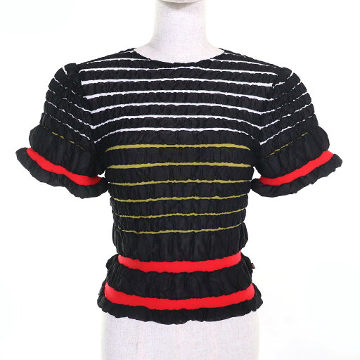 極美品△LOUIS VUITTON ルイヴィトン 23SS クルーネック 半袖 クロップド ニット トップス ブラック レッド S イタリア製 正規品 レディース【中古】