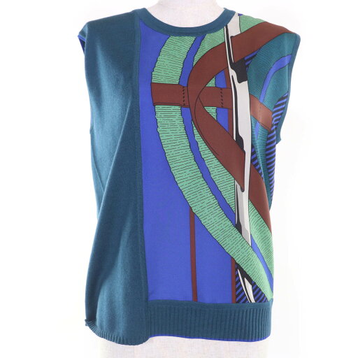 極美品☆HERMES エルメス シルク100% ウール ツイルレーヌ ノースリーブニット トップス ブルーグリーン 38 イタリア製 正規品 レディース【中古】