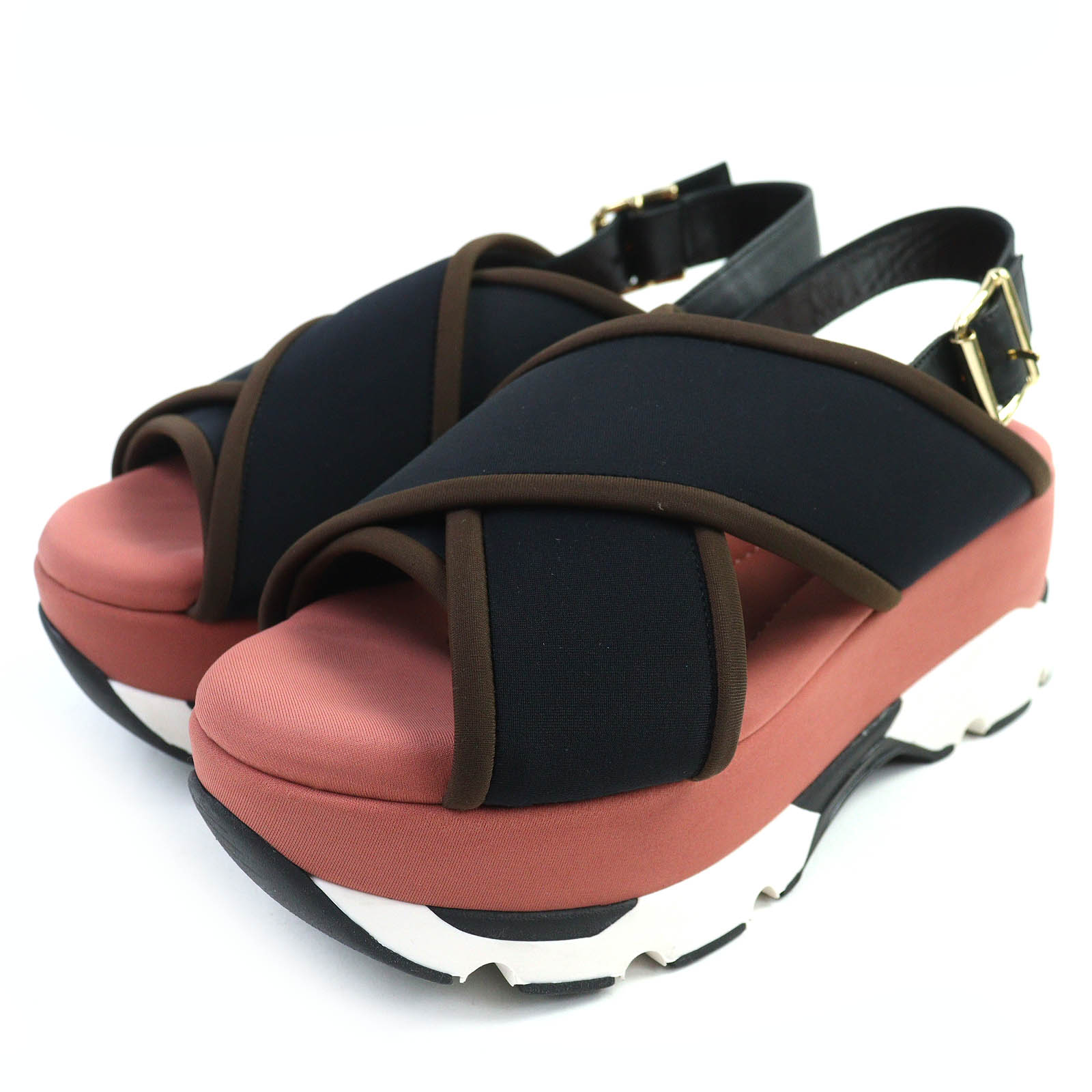 極美品△MARNI マルニ SAMA002708 レザー使い クロスストラップ 厚底 サンダル ブラック ピンク 37 保存袋付き イタリア製 レディース【中古】