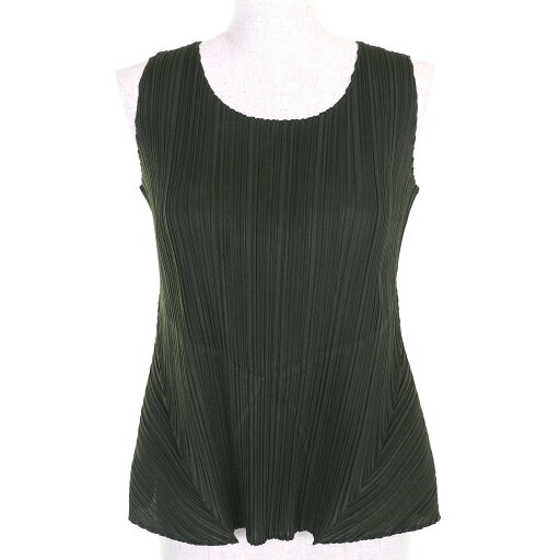 美品△PLEATS PLEASE プリーツプリーズ イッセイミヤケ PP51-JK141 ノースリーブ カットソー トップス カーキ 3 日本製 正規品 レディース【中古】