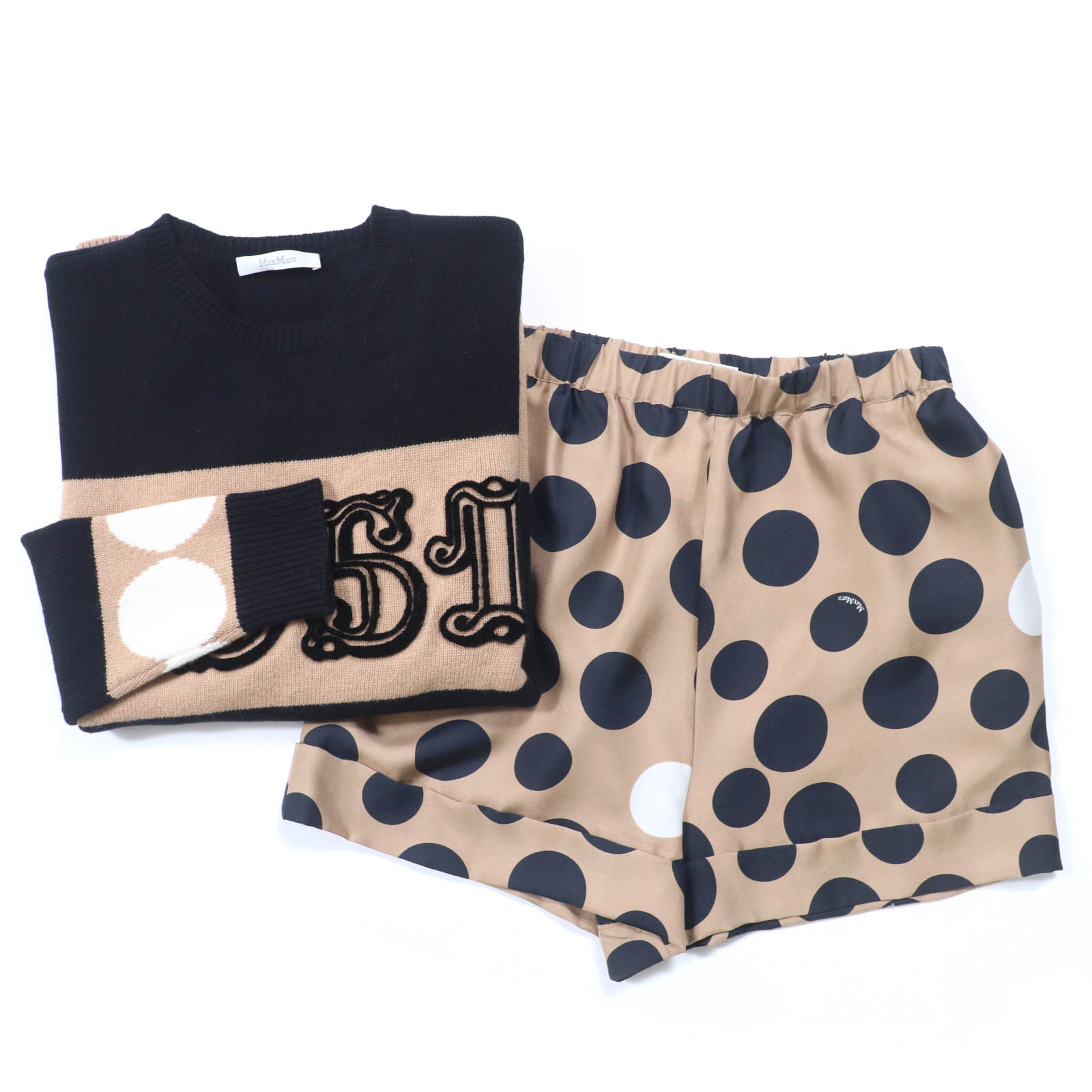美品☆Max Mara マックスマーラ 2024年製 DIRCE1951 2点セット カシミヤジャガードニットトップス・シルクパンツ セットアップ ブラウン系 トップス：S パンツ：38 イタリア製 正規品 レディース【中古】