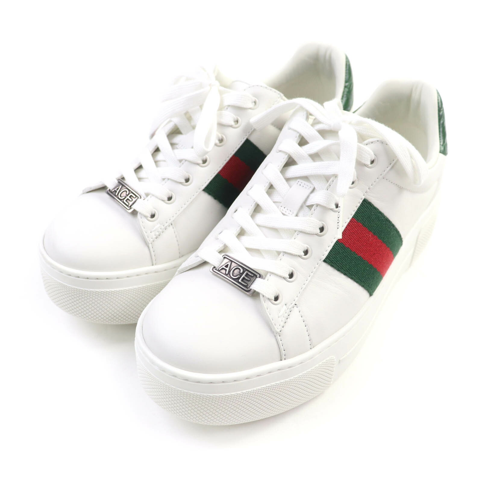 美品★GUCCI グッチ 791399 Ace エース シルバー金具付 ロゴ入り ウェブライン レースアップ レザー スニーカー ホワイト 36 箱・保存袋付き イタリア製 レディース【中古】