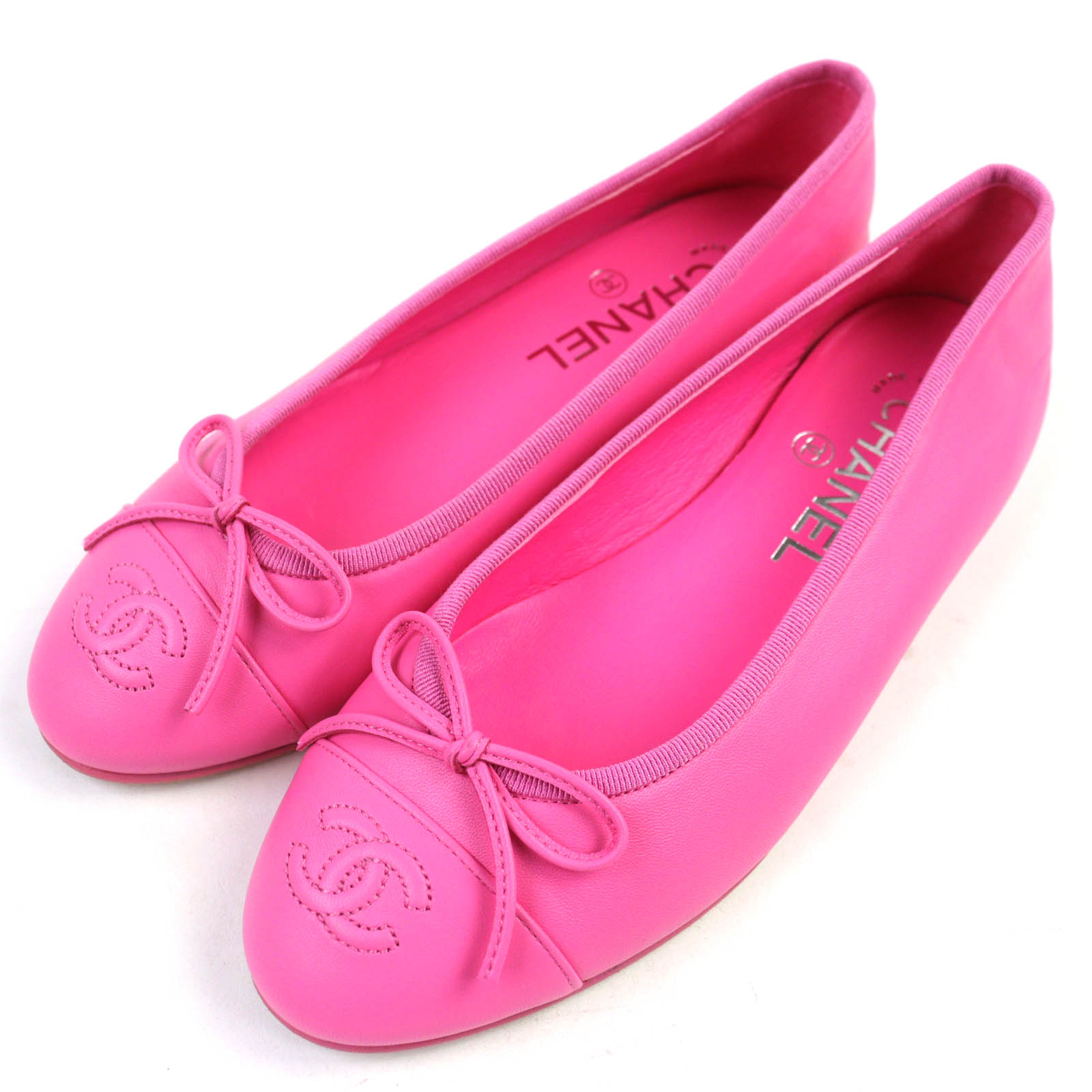 美品△CHANEL シャネル G02819 バレリーナ ココマーク リボン レザー フラット シューズ パンプス ピンク 35.5 保存袋付き イタリア製 レディース【中古】