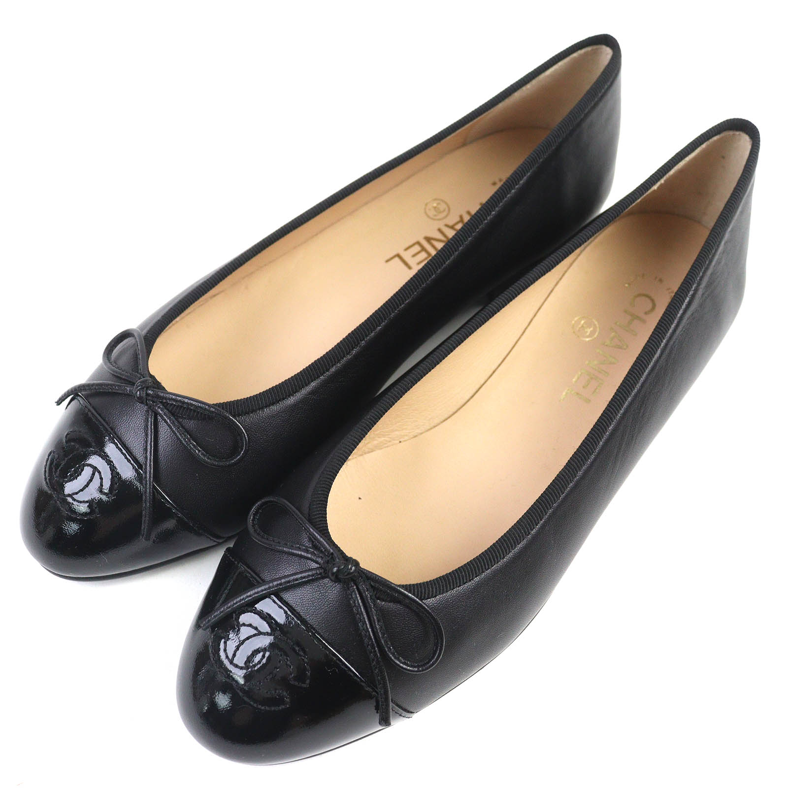 未使用品△CHANEL シャネル A02819 バレリーナ ココマーク リボン レザー フラット シューズ パンプス ブラック 38 保存袋付き イタリア製 レディース【中古】