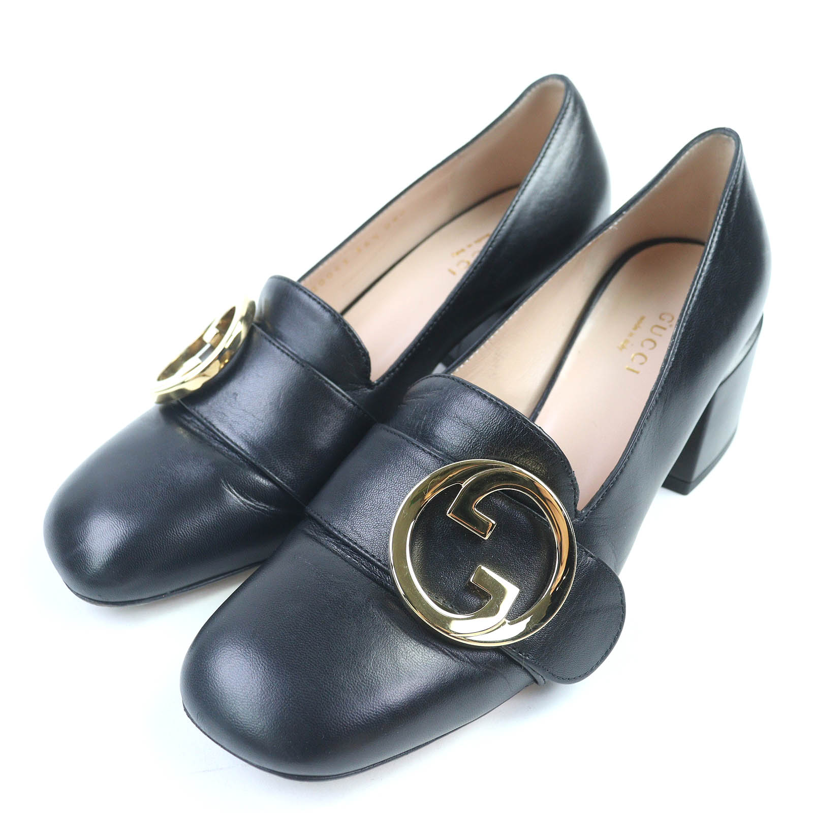 美品◇GUCCI グッチ 700053 レザー インターロッキングG ミッドヒール パンプス ブラック ゴールド金具 36.5 保存袋付き イタリア製 レディース【中古】