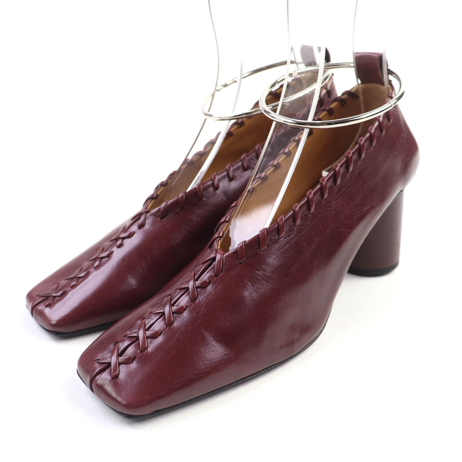 極美品★JIL SANDER ジルサンダー アンクルリング付 スクエアトゥ チャンキーヒール レザー パンプス ボルドー 37 保存袋付き イタリア製 レディース【中古】
