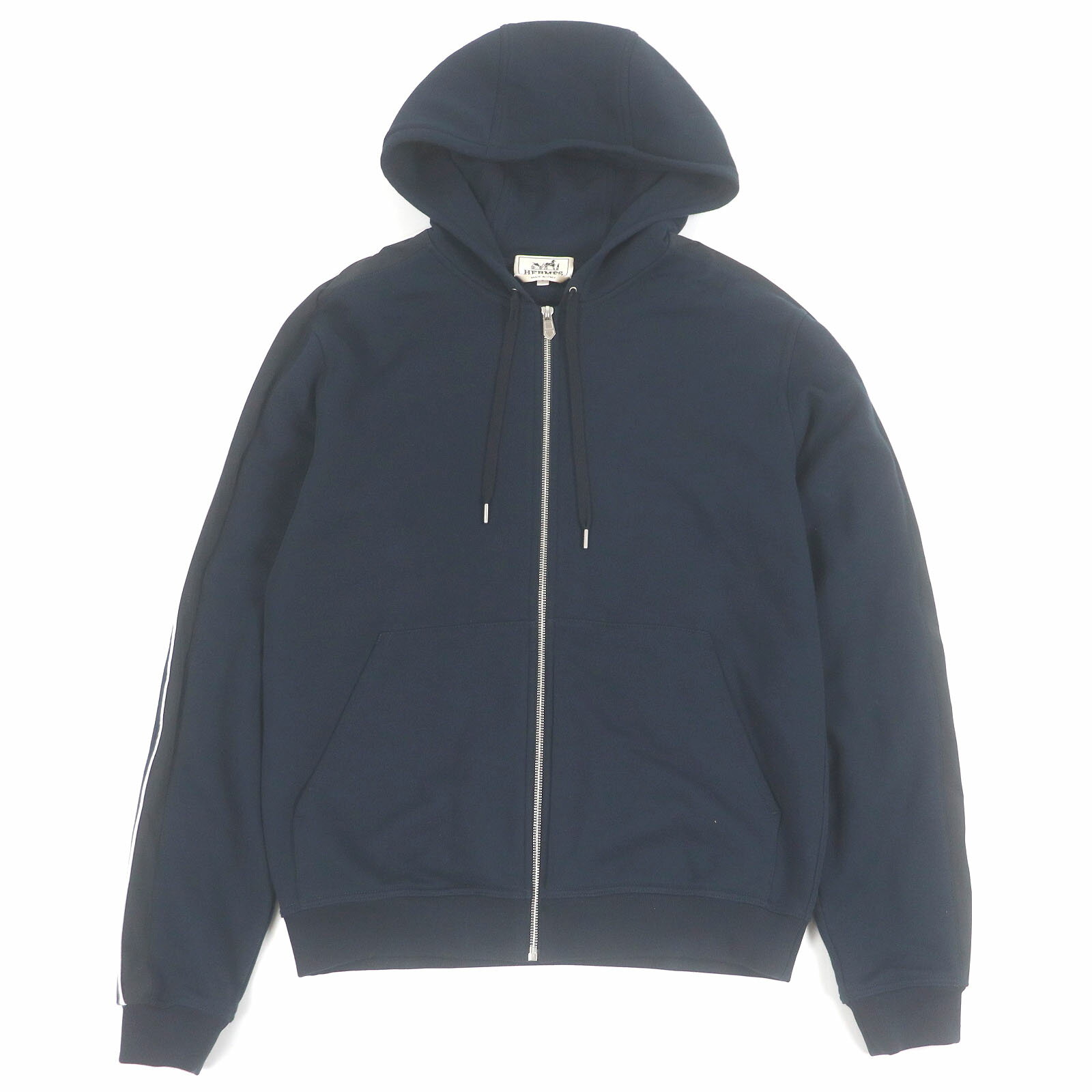 極美品□HERMES エルメス 24SS ランH コットン100％ サイドライン 裏起毛 Hロゴジップ パーカー フーディー ネイビー S イタリア製 正規品 メンズ【中古】
