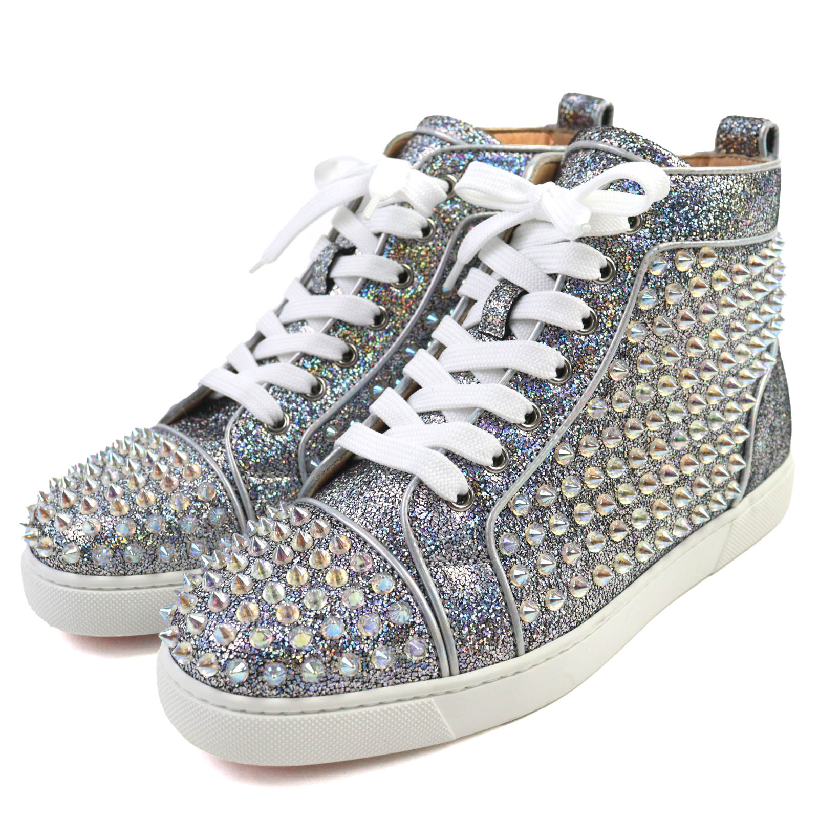 極美品△Christian Louboutin クリスチャンルブタン ロゴ スパイクスタッズ レザー ハイカットスニーカー シルバー オーロラカラー 38 イタリア製 レディース【中古】