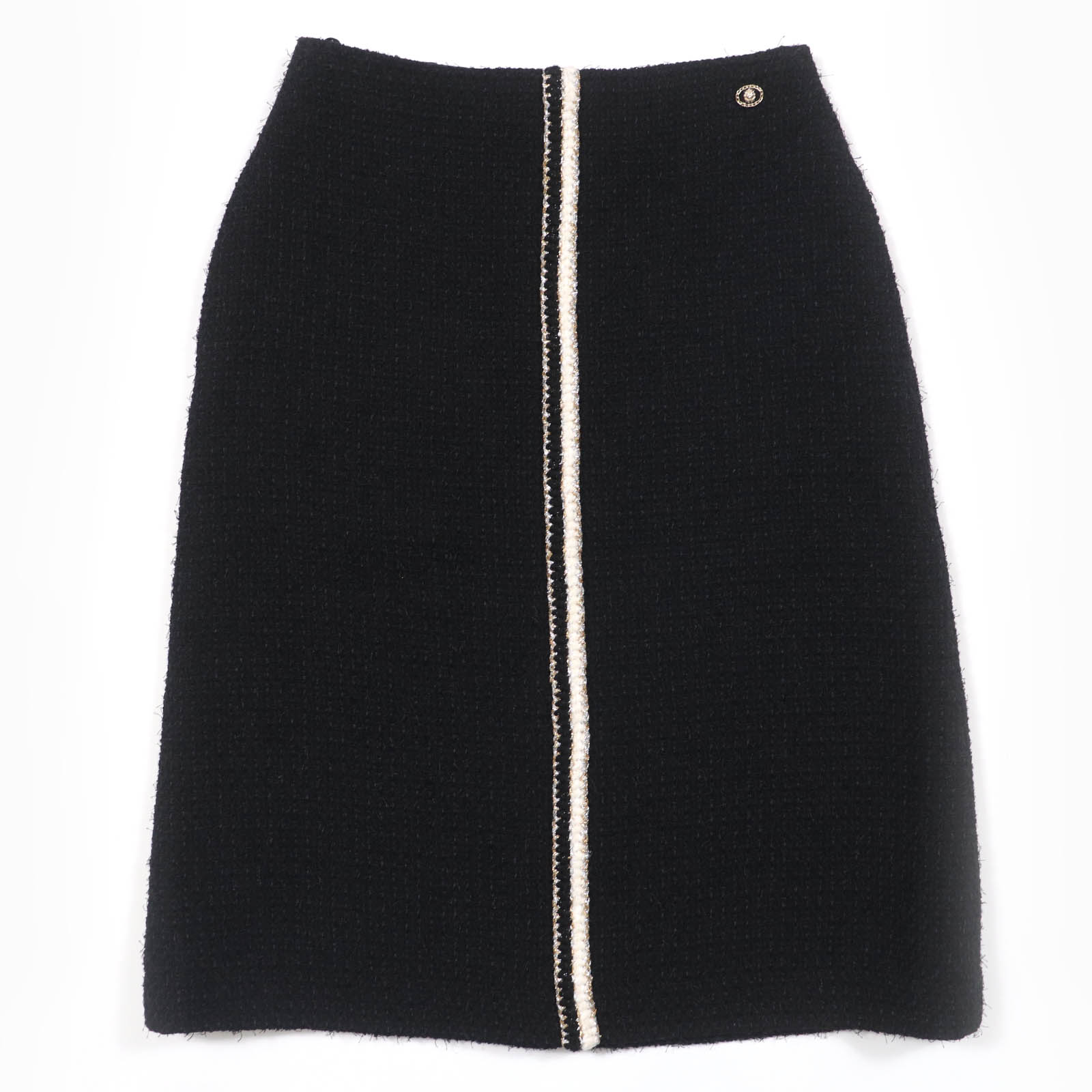 美品☆CHANEL シャネル P64628V19676 ウール ライオンパーツ 膝丈 ツイード スカート ブラック 34 フランス製 正規品 レディース【中古】