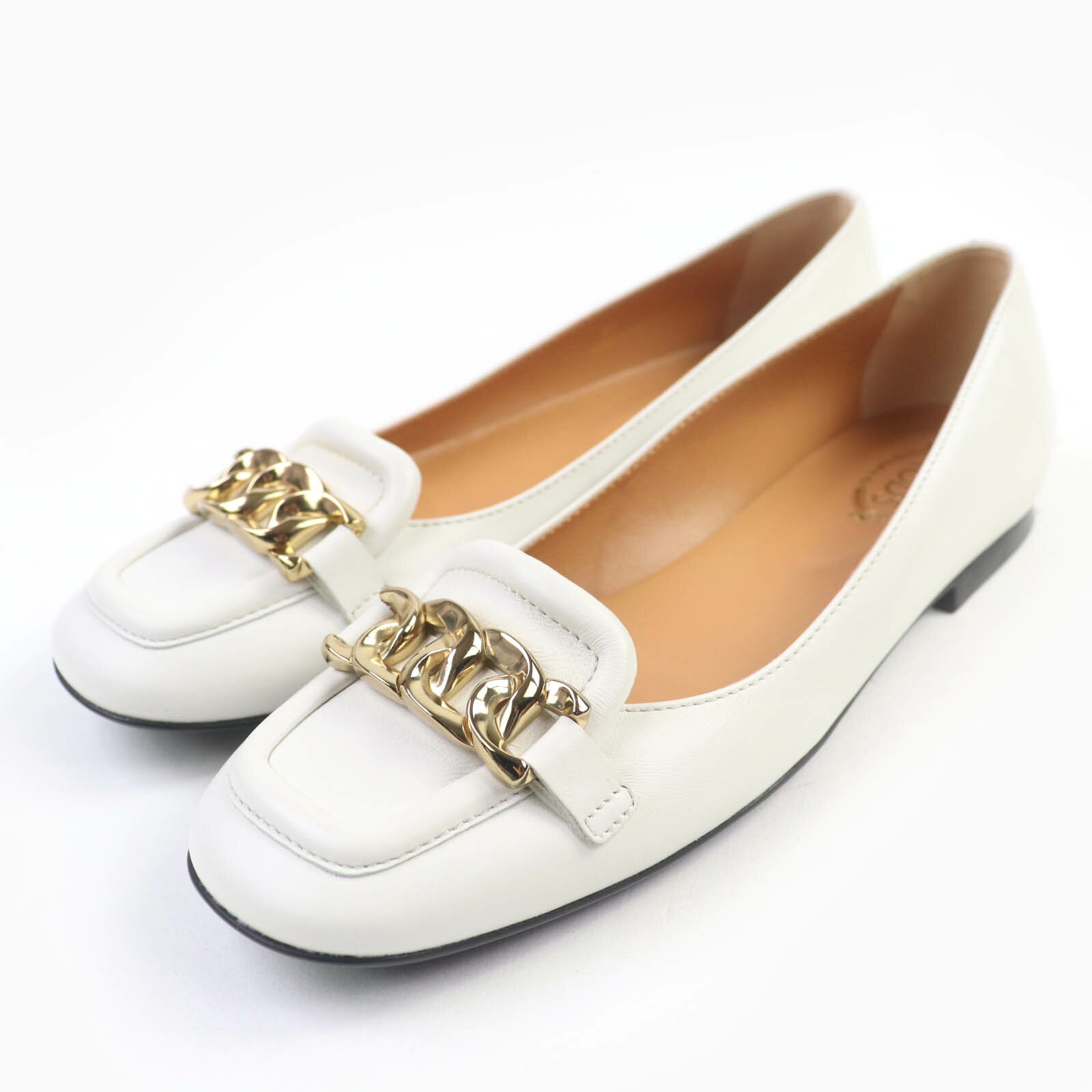 極美品☆TOD’S トッズ チェーンデザイン レザー フラット パンプス ホワイト ゴールド金具 37 保存袋付き イタリア製 レディース【中古】