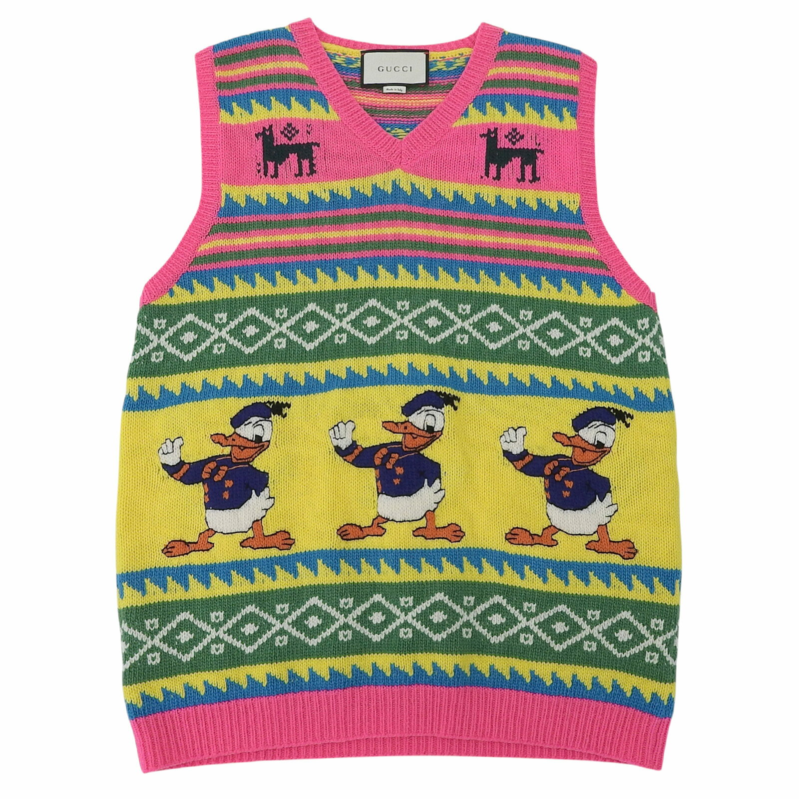 極美品▲GUCCI×Disney グッチ×ディズニー 461331 ウール ドナルド100% ニット ベスト ピンク マルチ XL イタリア製 正規品 メンズ【中古】