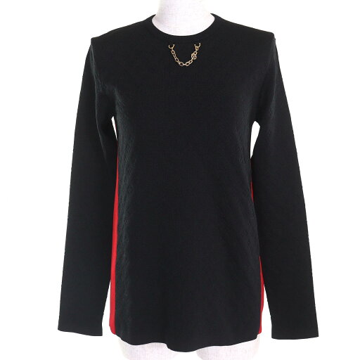 未使用品△LOUIS VUITTON ルイヴィトン 1A9Z3E シルク65% LVサークルロゴチェーン付き モノグラムエンボス加工 バイカラー 長袖 ニット トップス ブラック レッド S 箱付き イタリア製 正規品 レディース【中古】