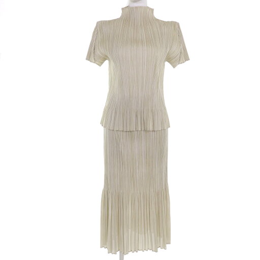 極美品☆PLEATS PLEASE プリーツプリーズ イッセイミヤケ ハイネック 半袖カットソー フレア ロングスカート セットアップ ベージュ系 3 日本製 正規品 レディース【中古】
