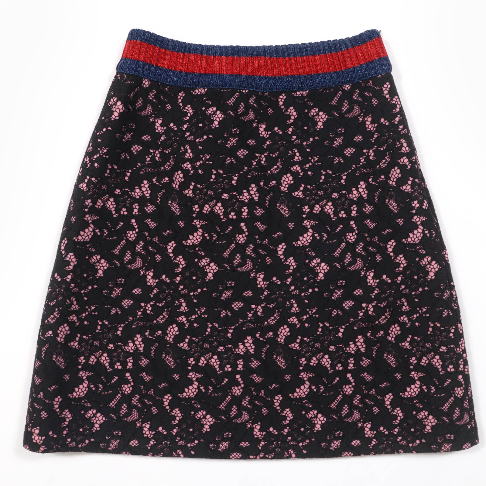 極美品☆GUCCI グッチ 457919 シェリーライン 台形 レース スカート ブラック ピンク S イタリア製 正規品 レディース【中古】