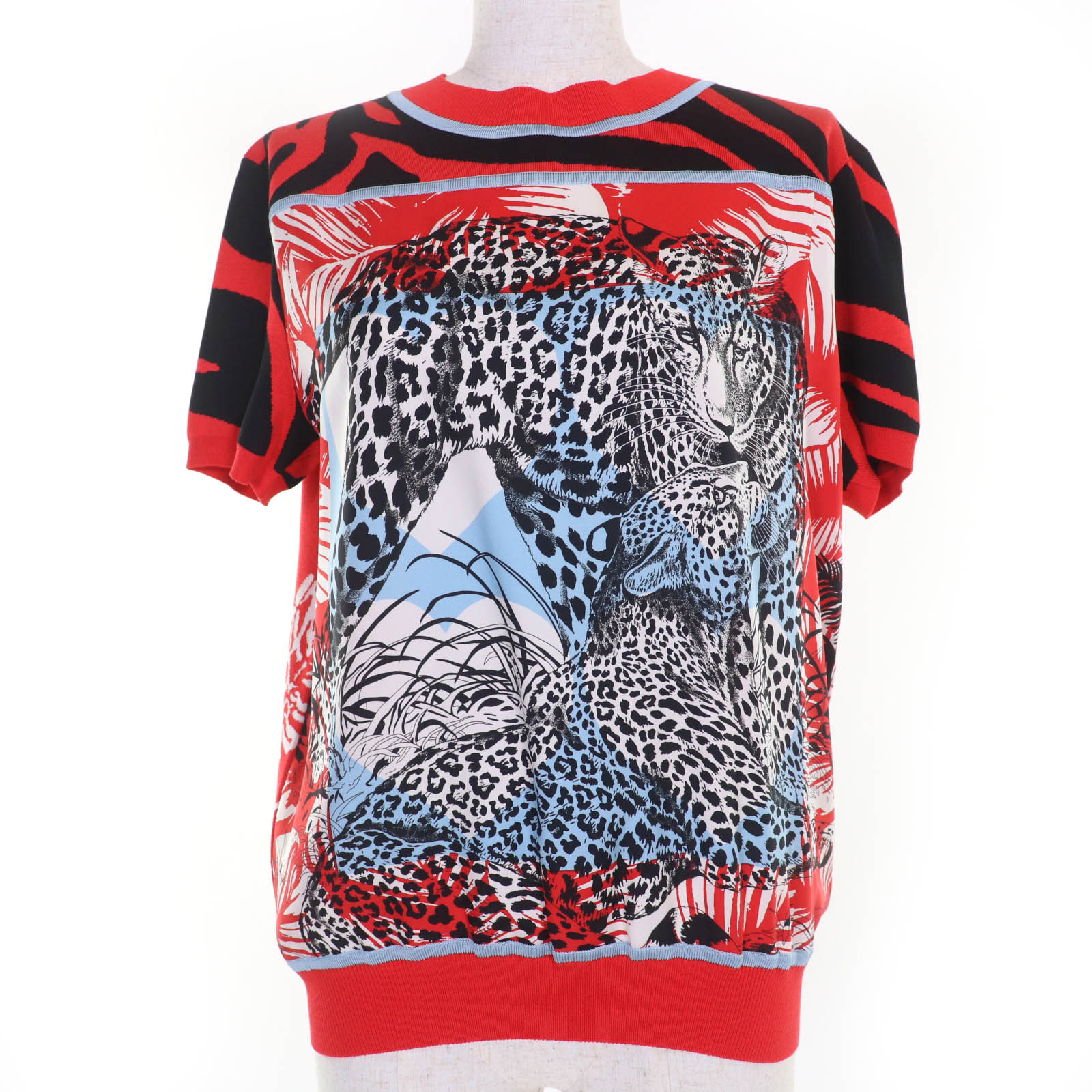 極美品☆HERMES エルメス 23SS 3E2868D3 ジャングルラブ シルク100％ ツイルレーヌ 半袖ニット トップス レッド系 40 イタリア製 レディース【中古】