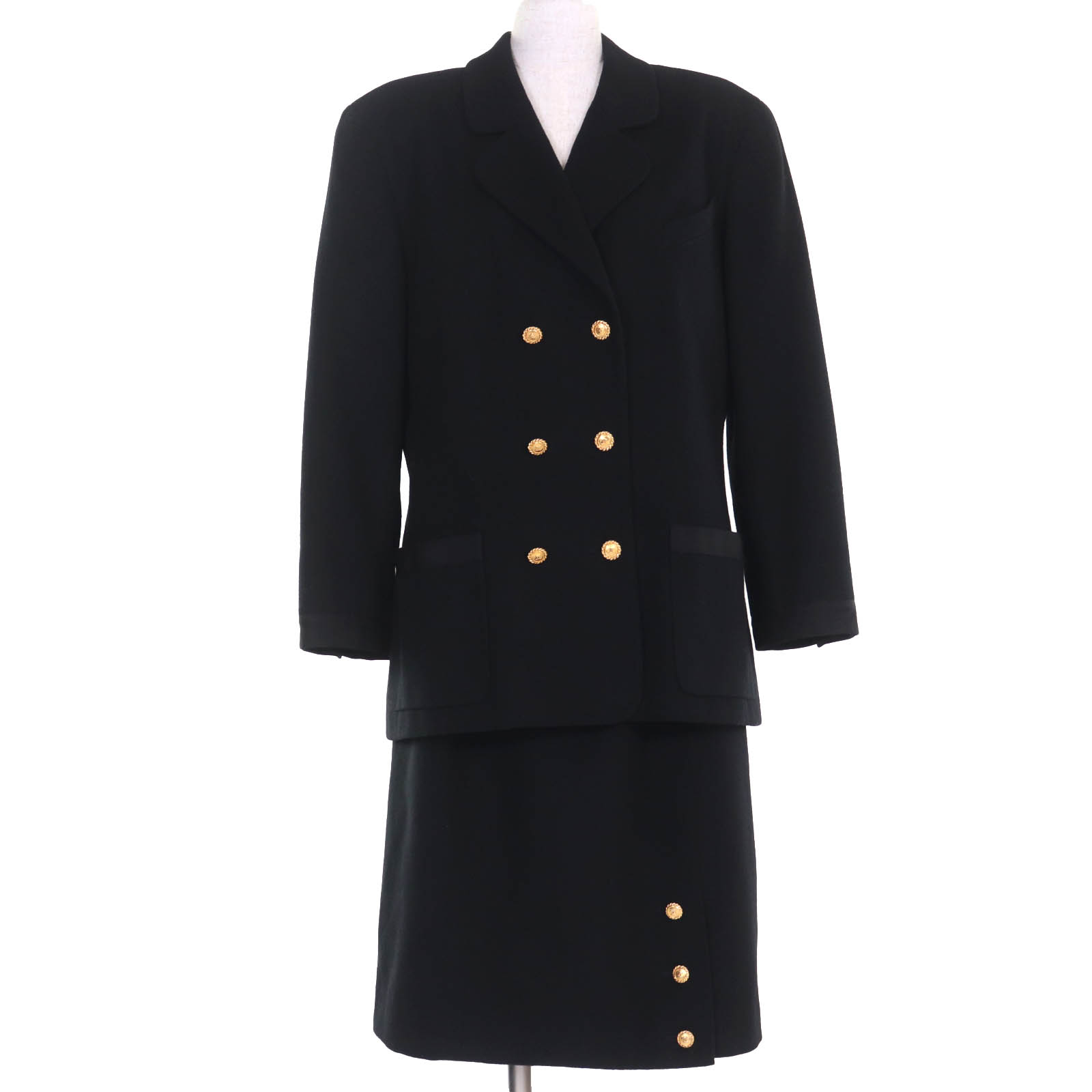 極美品◇CHANEL BOUTIQUE シャネルブティック ヴィンテージ ウール 裏地ロゴ総柄 ココマーク金ボタン付 ジャケット スカート セットアップ スーツ ブラック ゴールド金具 44 フランス製 レディース【中古】