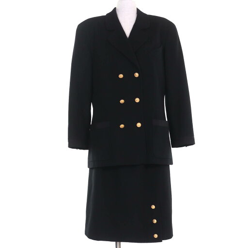 極美品◇CHANEL BOUTIQUE シャネルブティック ヴィンテージ ウール 裏地ロゴ総柄 ココマーク金ボタン付 ジャケット スカート セットアップ スーツ ブラック ゴールド金具 44 フランス製 レディース【中古】