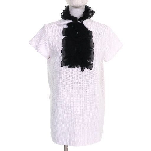 【ドンドン見直し】極美品△CHANEL シャネル P71969 コットン ココボタン 襟フリルデザイン 半袖 ニット ワンピース チュニック トップス ホワイト ブラック 34 イタリア製 正規品 レディース【中古】