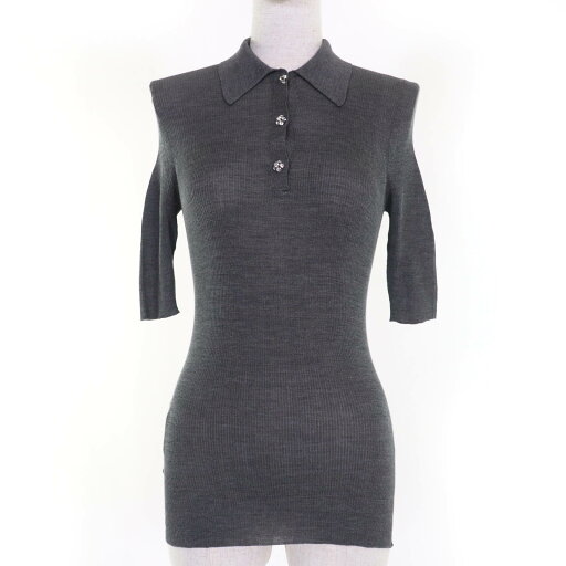 極美品☆PRADA プラダ 2021年製 P24I1L シルク100% ラインストーン ニット 半袖 ポロシャツ トップス グレー 38 イタリア製 正規品 レディース【中古】