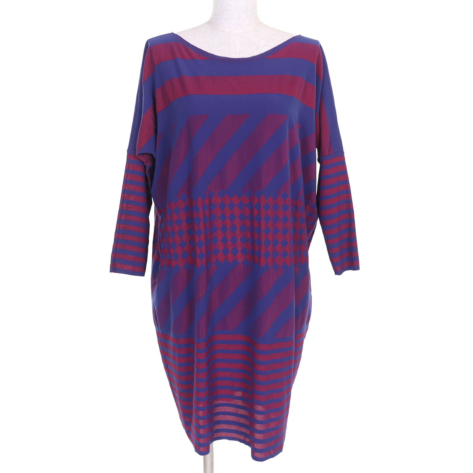 美品△PLEATS PLEASE プリーツプリーズ イッセイミヤケ PP34LT962 A-POC エイポック 総柄 長袖 ワンピース ブルー レッド系 3 日本製 正規品 レディース【中古】