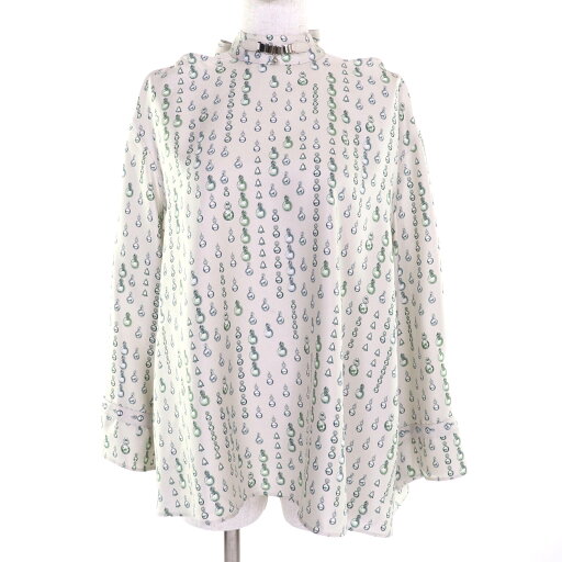 極美品★HERMES エルメス 22AW 2H0619DN シルク100% バックリボン 総柄 長袖 カットソー トップス グレージュ 40 フランス製 正規品 レディース【中古】