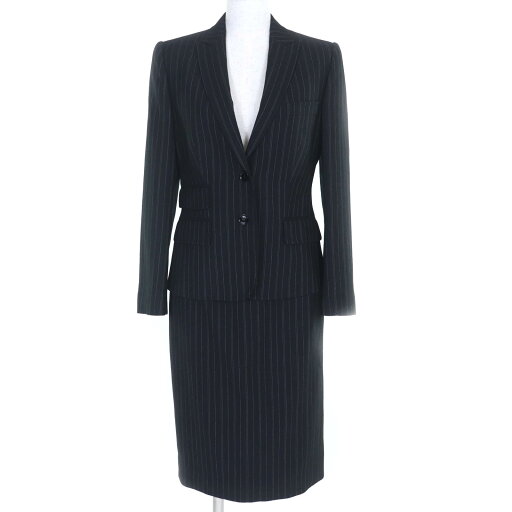 極美品◇DOLCE&GABBANA ドルチェ&ガッバーナ ウール100% 裏地ロゴ総柄 ストライプ ジャケット スカート セットアップ ブラック イタリア製 正規品 レディース 40【中古】