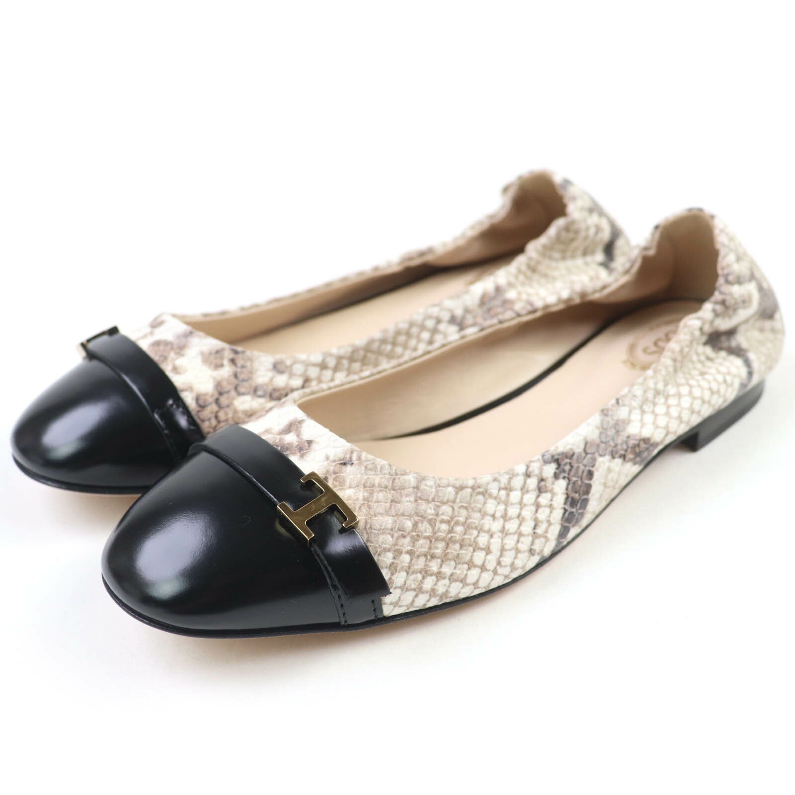 極美品☆TOD’S トッズ Tタイムレス パイソン型押しレザー フラットシューズ パンプス ブラウン ブラック 36 保存袋付き イタリア製 レディース【中古】