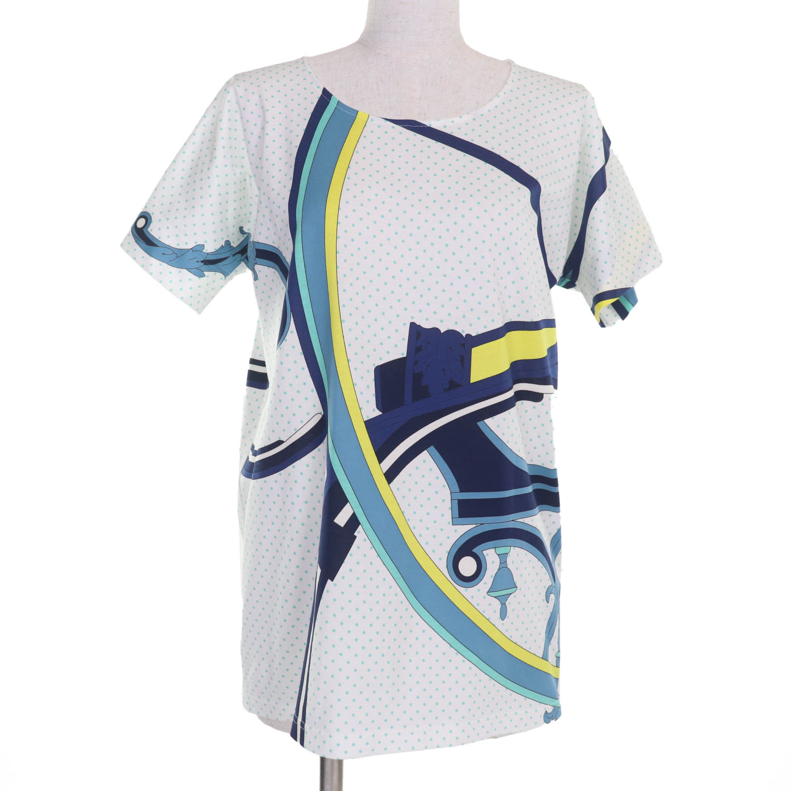 未使用品☆HERMES エルメス コットン100％ カットソー 半袖Tシャツ トップス ホワイト ブルー系 34 フランス製 正規品 レディース【中古】