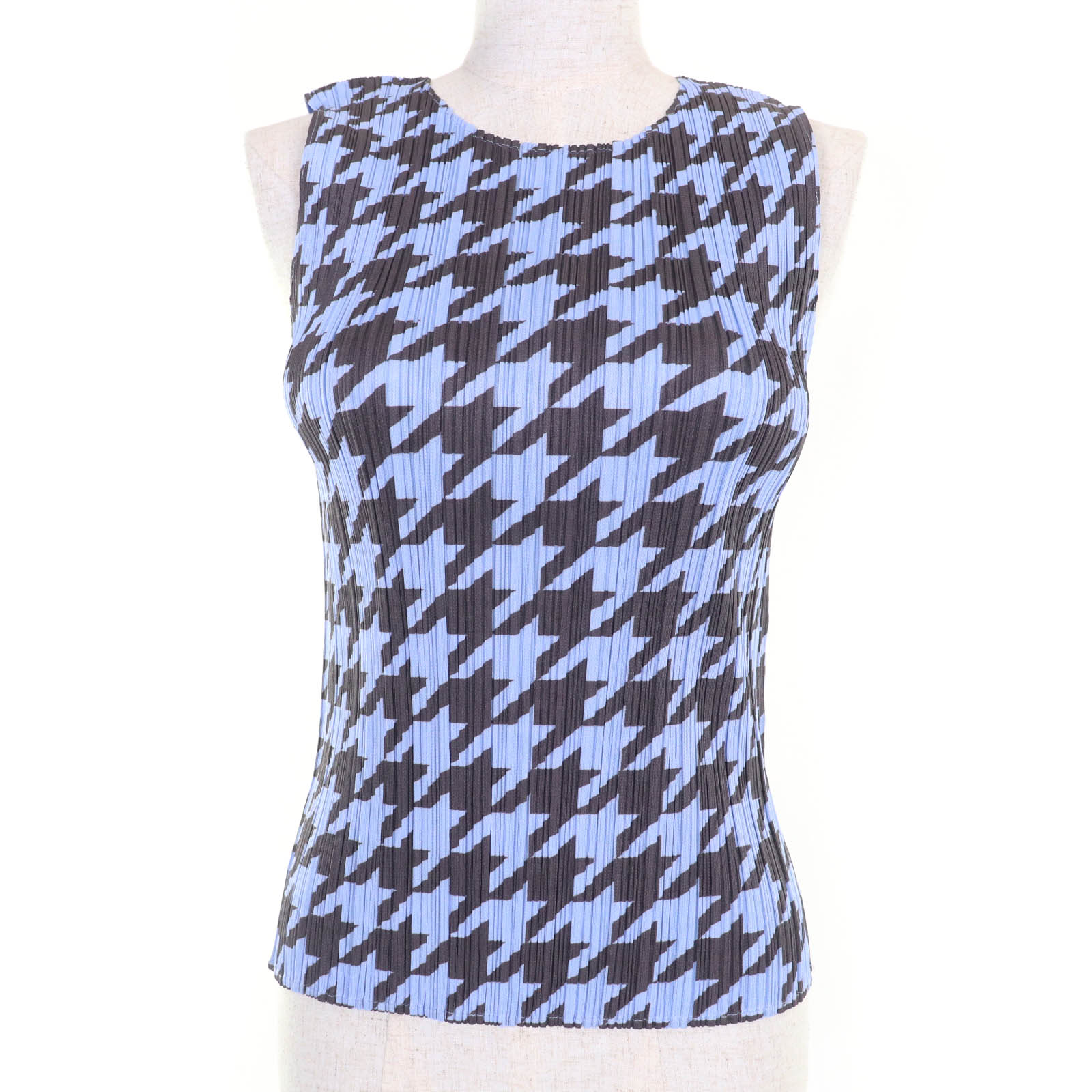 極美品☆PLEATS PLEASE プリーツプリーズ イッセイミヤケ PP41-JK616 千鳥格子柄 ノースリーブ トップス ブルー 4 日本製 正規品 レディース【中古】