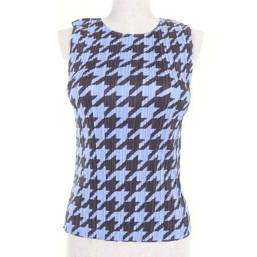 極美品☆PLEATS PLEASE プリーツプリーズ イッセイミヤケ PP41-JK616 千鳥格子柄 ノースリーブ トップス ブルー 4 日本製 正規品 レディース【中古】