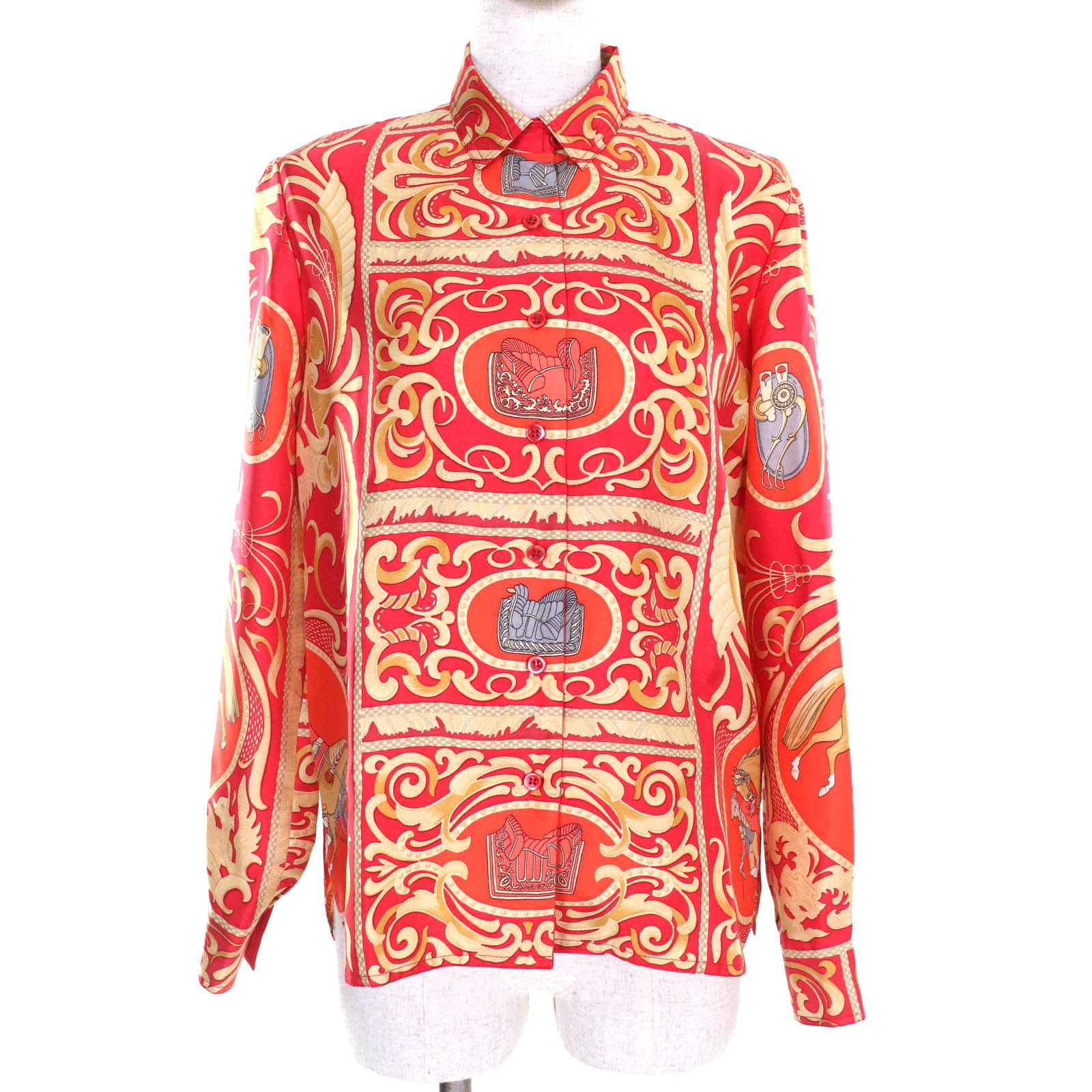 美品★HERMES エルメス ヴィンテージ シルク100％ 総柄 ホース柄 長袖シャツ ブラウス トップス マルチ 38 フランス製 レディース【中古】