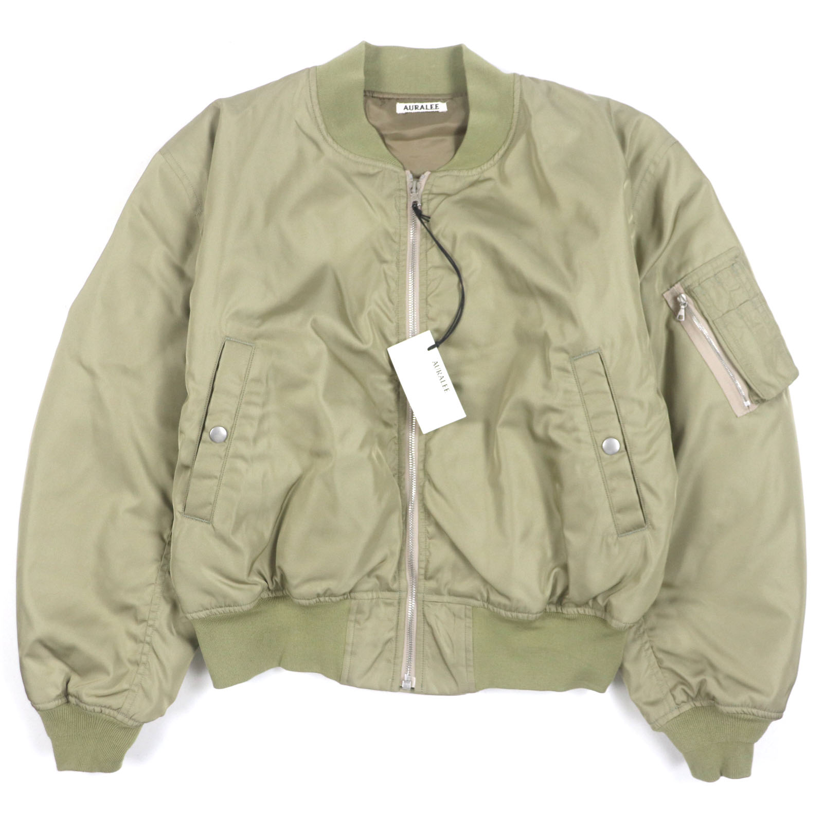 未使用品▼AURALEE オーラリー 25SS A25SB01AS HIGH DENSITY SILK TWILL FLIGHT シルク100% ジップアップ ブルゾン ボンバージャケット カーキ 1 日本製 正規品 メンズ【中古】