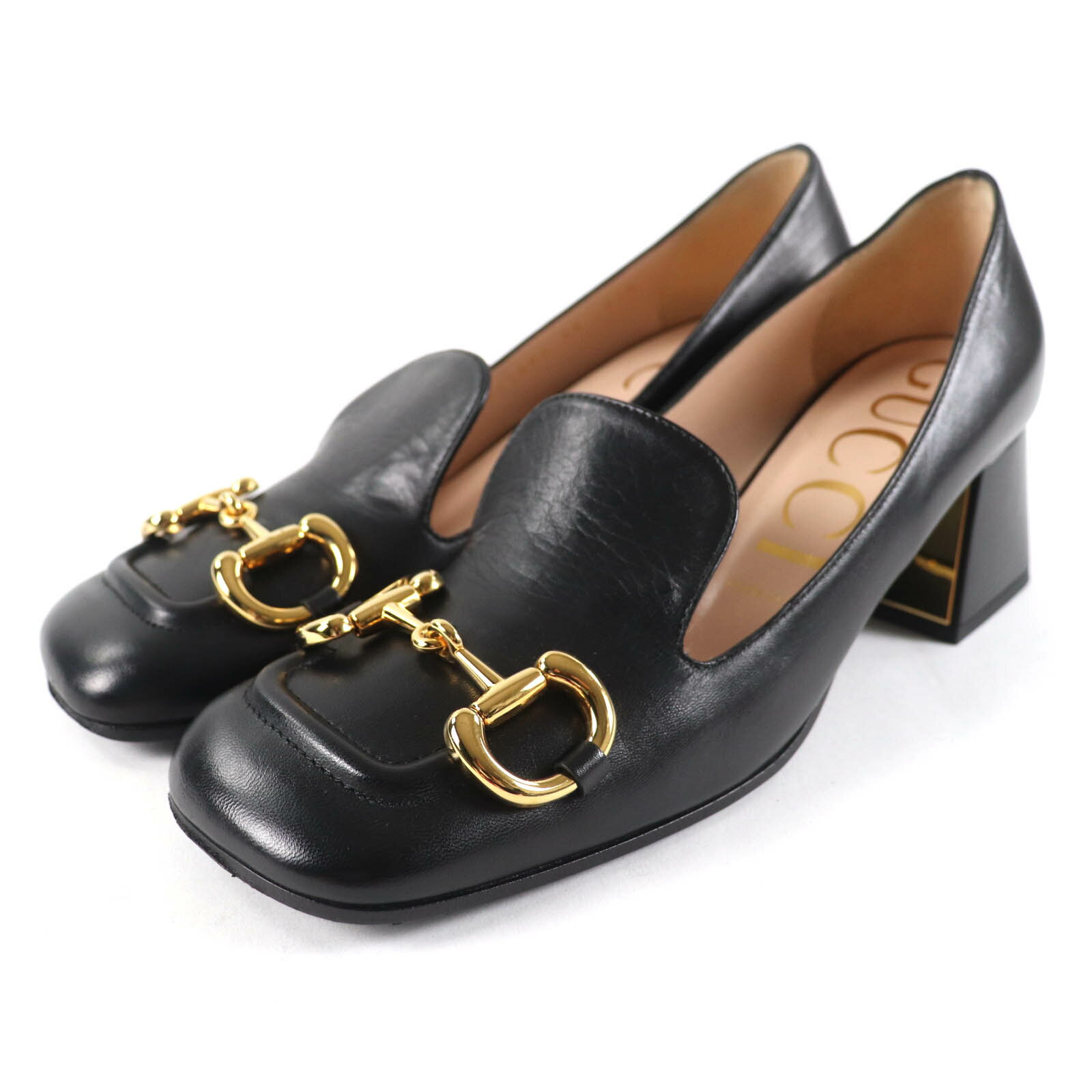 美品★GUCCI グッチ 643884 MALAGA KID NERO ホースビット ミッドヒール レザー パンプス ゴールド金具 38 箱付き イタリア製 レディース【中古】