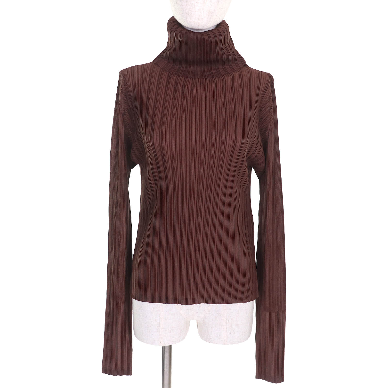 極美品△PLEATS PLEASE プリーツプリーズ イッセイミヤケ PP01-FK315 タートルネック 長袖 トップス ブラウン 3 日本製 正規品 レディース【中古】