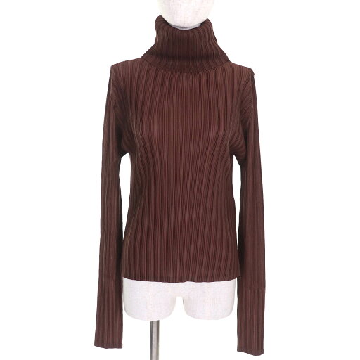 極美品△PLEATS PLEASE プリーツプリーズ イッセイミヤケ PP01-FK315 タートルネック 長袖 トップス ブラウン 3 日本製 正規品 レディース【中古】
