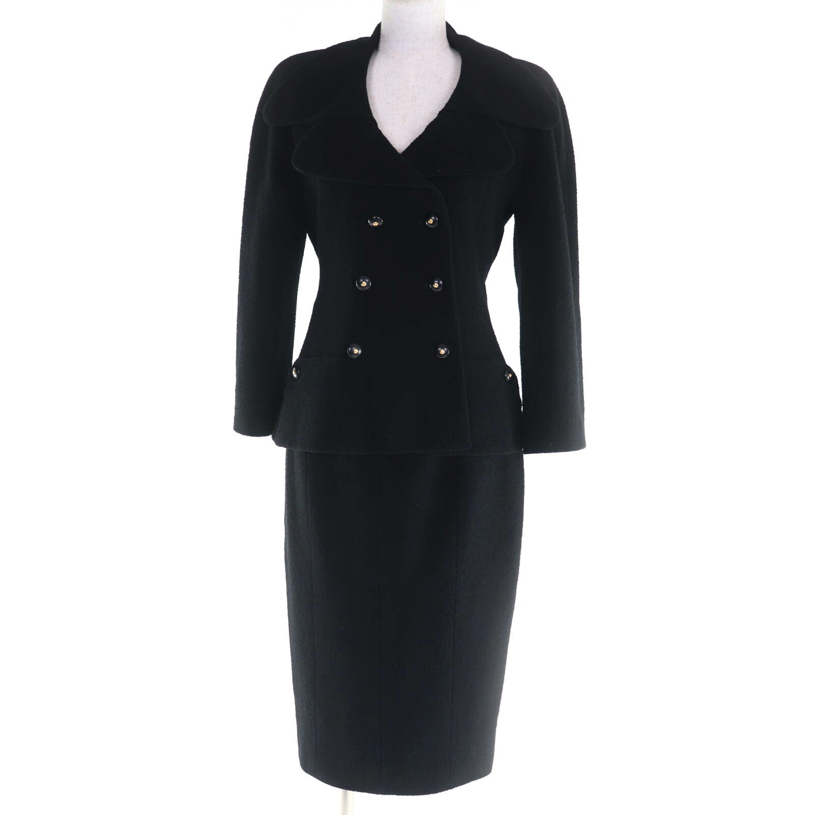 極美品☆CHANEL シャネル ヴィンテージ 95A P05816V04346 ココマークボタン ツイードジャケット スカート セットアップ ブラック 40 フランス製 正規品 レディース【中古】