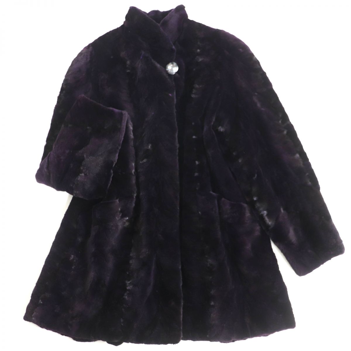 極美品▼MINK シェアードミンク 裏地ペイズリー柄 本毛皮セミロングコート パープル F 毛質柔らか◎【中古】