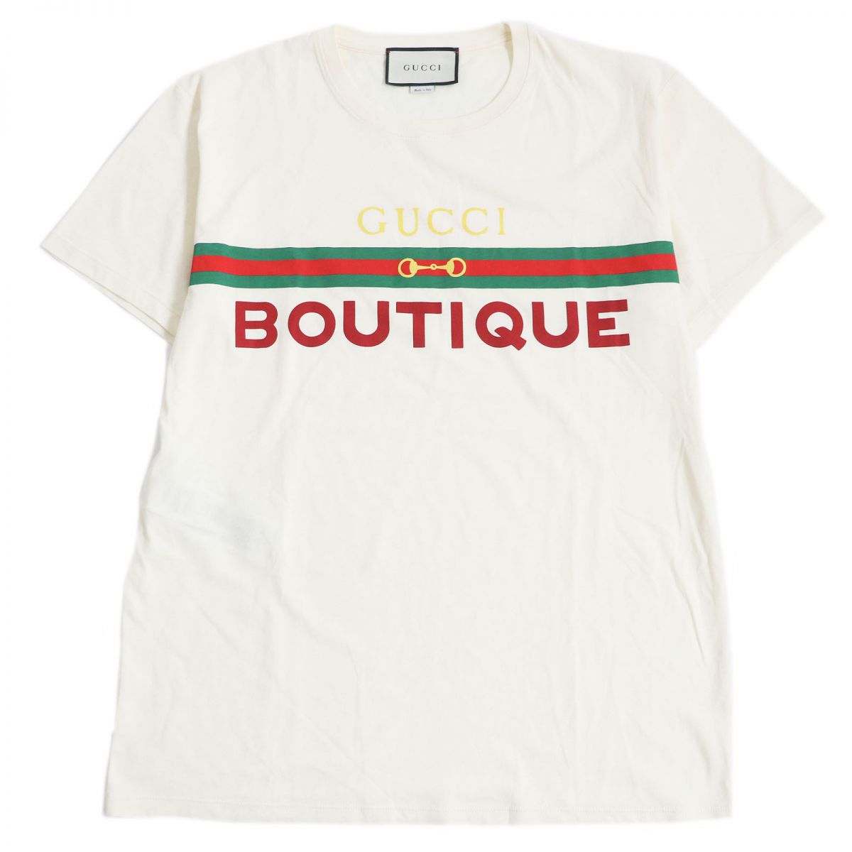極美品□GUCCI/グッチ 615044 BOUTIQUE ウェブライン ロゴプリント コットン100％ 半袖Tシャツ/カットソー オフホワイト M 伊製 正規品【中古】