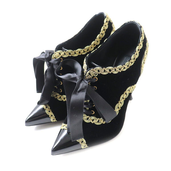 【ドンドン見直し】美品★DOLCE&GABBANA ドルチェ＆ガッバーナ ポインテッドトゥ レース装飾 ベロア×レザー パンプス／ブーティ 黒×金 36 伊製 箱・保存袋付【中古】
