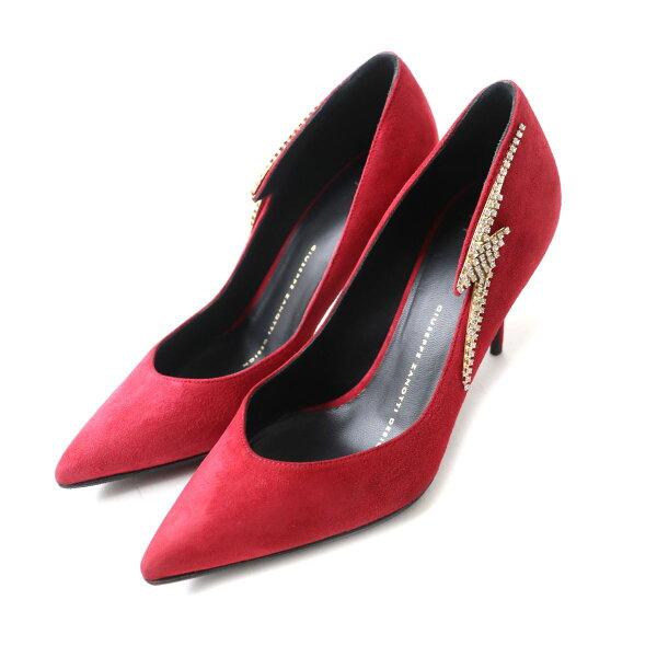 極美品★GIUSEPPE ZANOTTI ジュゼッペザノッティ ビジュー装飾 ポインテッドトゥ スウェードレザー パンプス レッド系 35 イタリア製【中古】