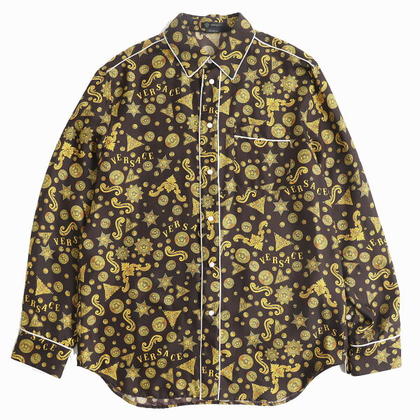 極美品△正規品 VERSACE ヴェルサーチ 2019年 A84344 メデューサボタン付 バロッコ 総柄 HERITAGE FIT 長袖 シルクシャツ 40 焦げ茶×黄色【中古】