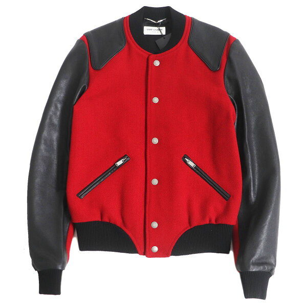 未使用品□SAINT LAURENT PARIS/サンローランパリ 504064 HEAVEN ラムレザー使い テディジャケット/バーシティジャケット 赤×黒 42 伊製【中古】