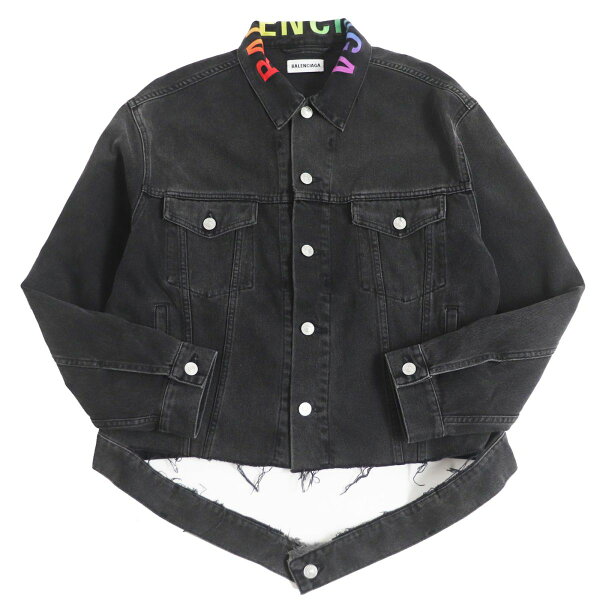 美品□18AW BALENCIAGA/バレンシアガ 571450 レインボーロゴ刺繍 ロゴボタン カットオフ ダメージ加工 デニムジャケット/Gジャン 黒 36 伊製 正規品【中古】