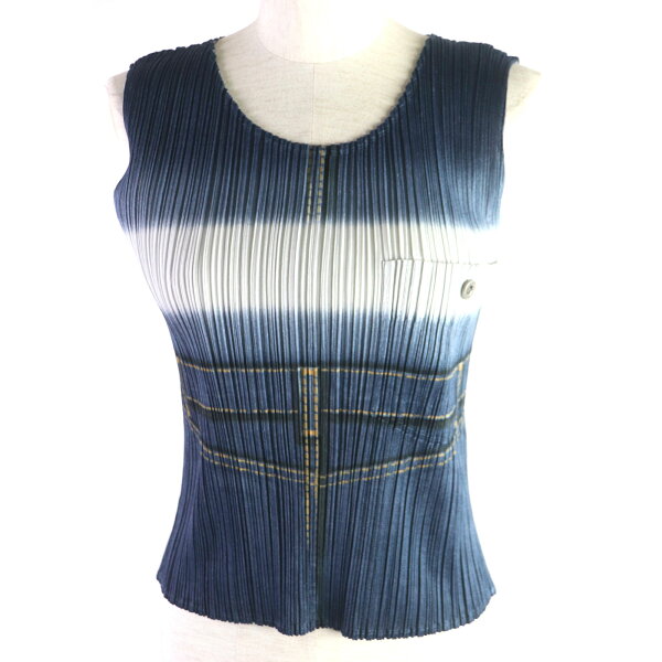 極美品 PLEATS PLEASE プリーツプリーズ イッセイミヤケ デニム転写プリント ノースリーブ カットソー ネイビー 3 日本製 正規品 レディース【中古】