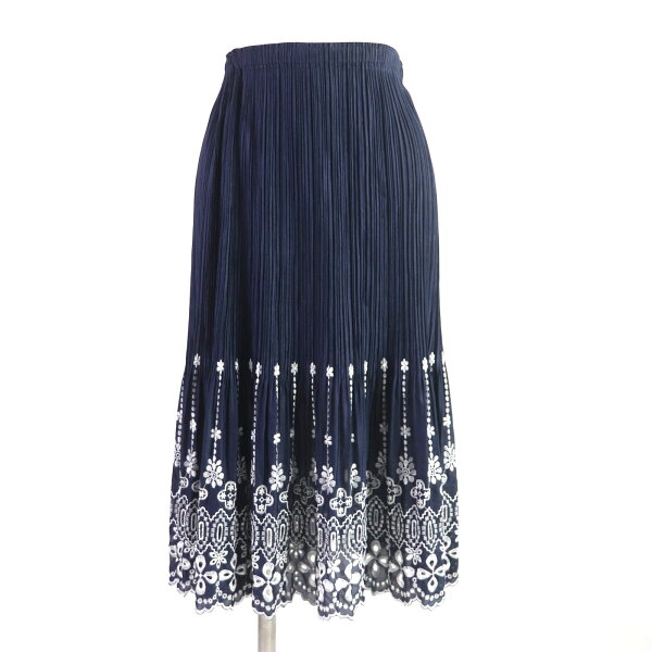 極美品▼PLEATS PLEASE プリーツプリーズ イッセイミヤケ プリーツ加工 裾カットワークレース 刺繍 ロングスカート ネイビー ホワイト 1 日本製 正規品 レディース【中古】