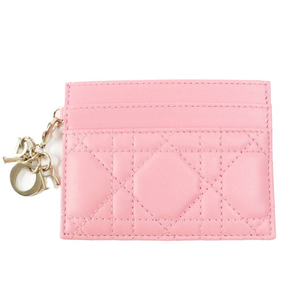 極美品◎Christian Dior クリスチャンディオール S09740NMJ レディディオール フリージア 現行品 レザー カードケース ピンク ゴールド金具 イタリア製 レディース【中古】