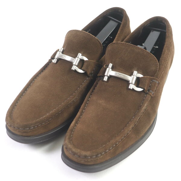 美品□Salvatore Ferragamo サルヴァトーレフェラガモ ガンチーニ シルバー金具 スウェードレザー ビットローファー ブラウン 6.5 イタリア製 メンズ【中古】